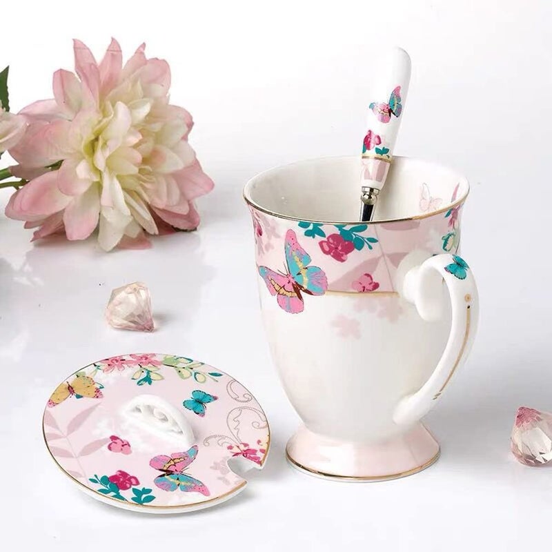 Eplze YBK Tech Euro Style Porcelain Tea Cup Coffee Mug with Lid for Breakfast Home Kitchen (((Butterflies Pattern) (Pink))) - Image 2